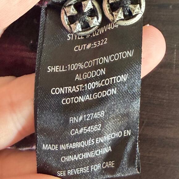 Affliction Womens Y2K Button Up Shirt M Black Maroon Plaid Moto Spell Out Logo - Picture 11 of 12